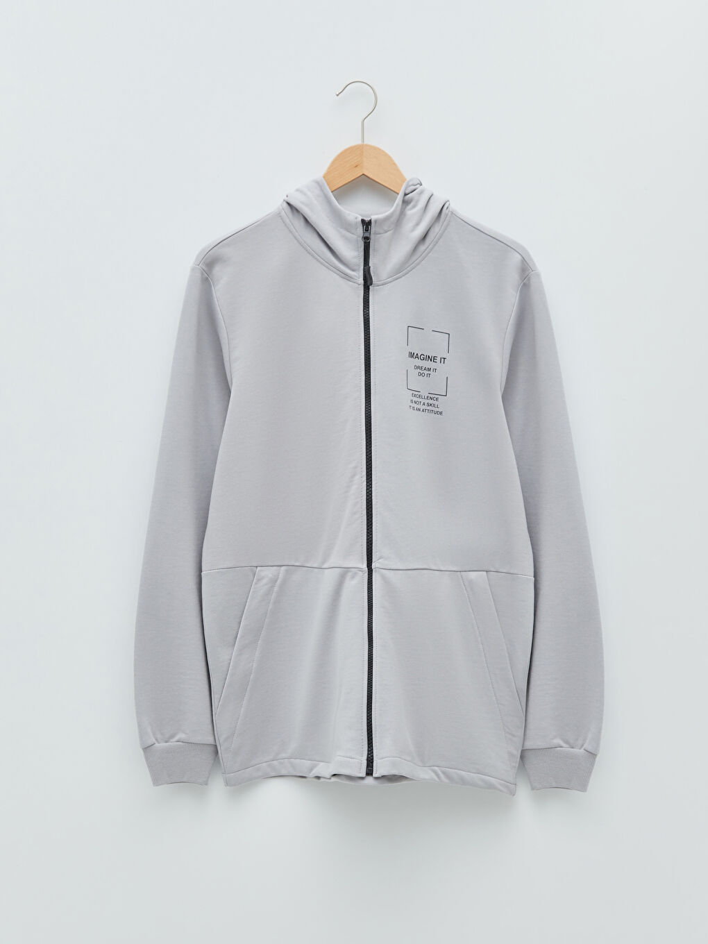 Gri Kapüşonlu Erkek Fermuarlı Sweatshirt