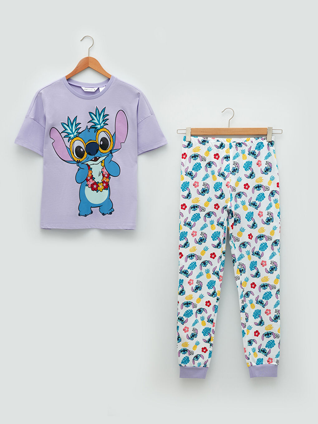 Ensemble de Pyjama en Coton à Manches Courtes Imprimé Lilo & Stitch pour Femmes Col Rond-5
