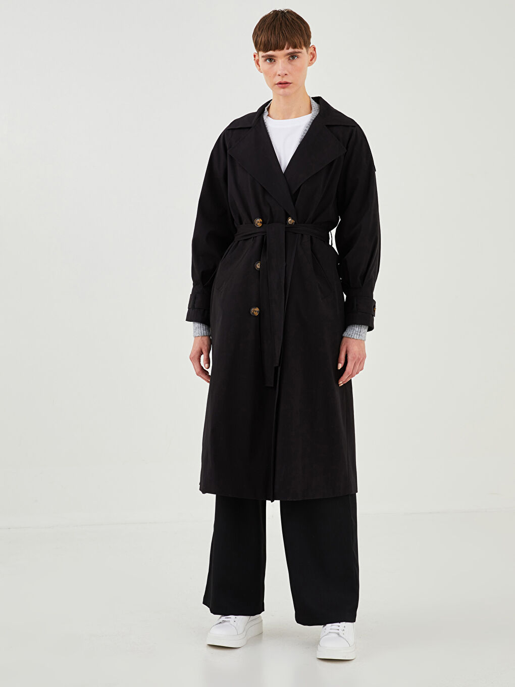 معطف خندق واسع بياقة للسيدات-3