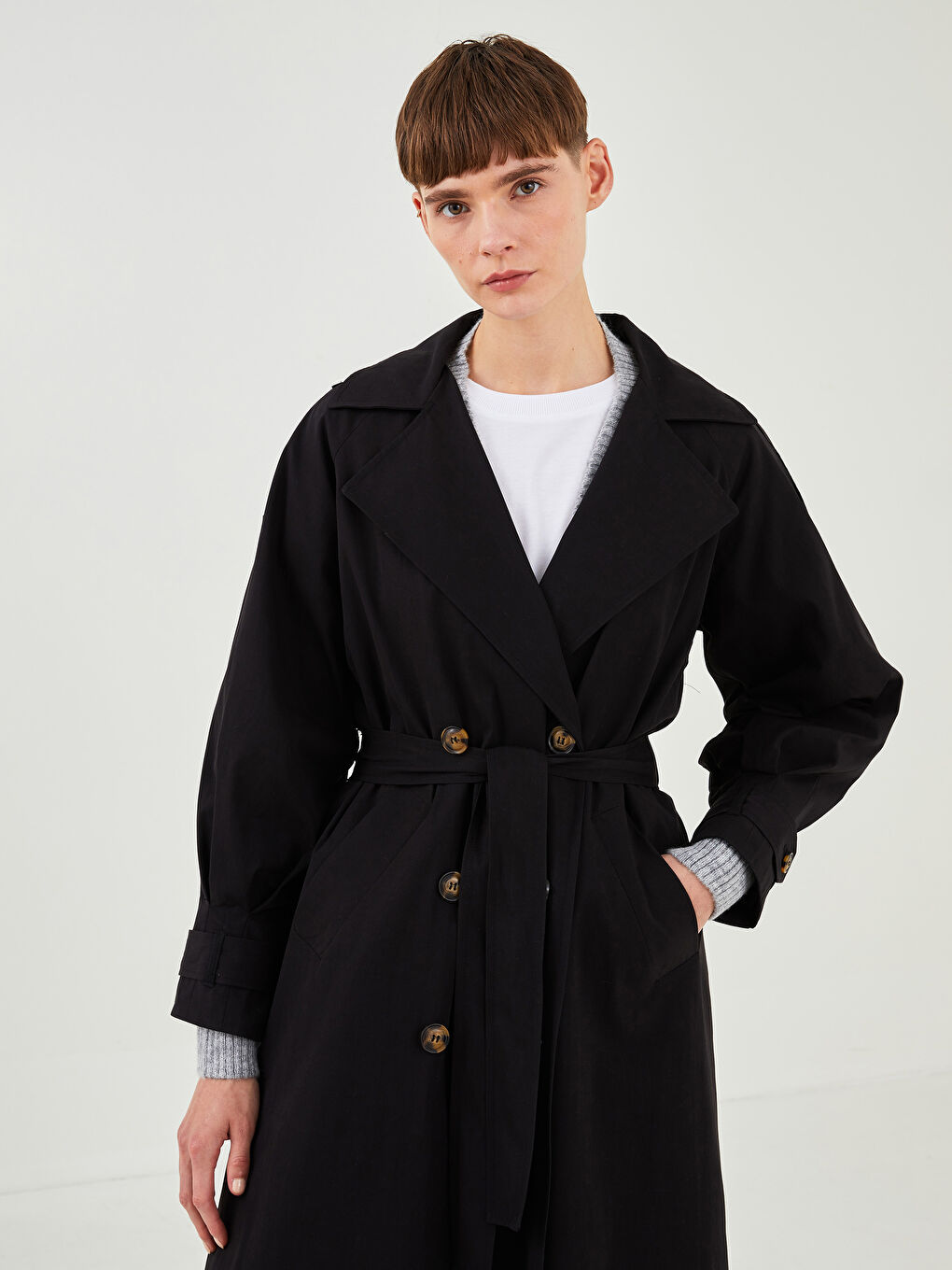 معطف خندق واسع بياقة للسيدات-4