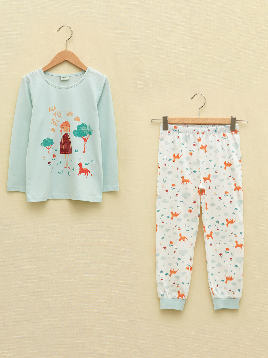 Mavi Bisiklet Yaka Baskılı Uzun Kollu Kız Çocuk Pijama Takımı