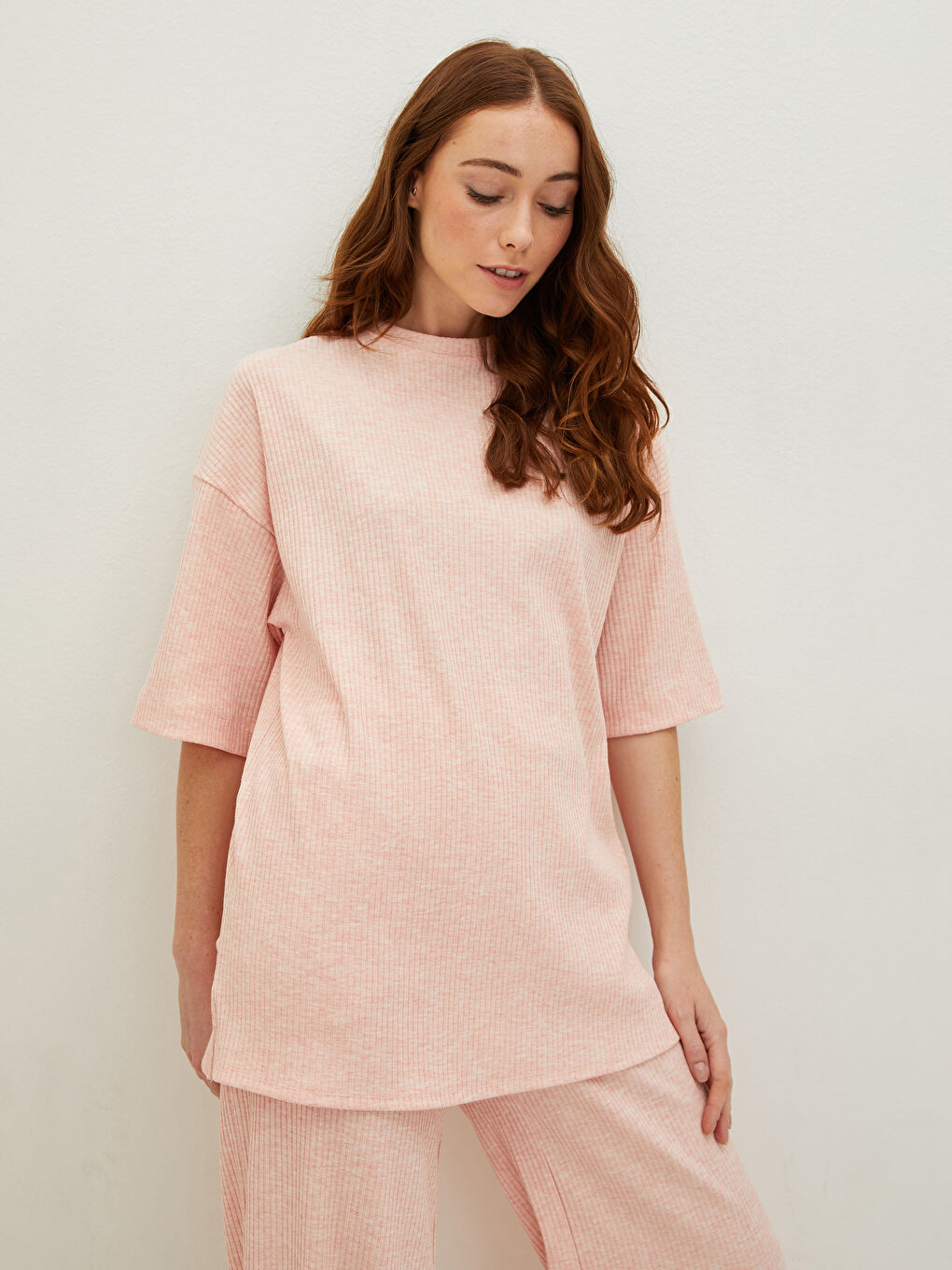 Pembe Bisiklet Yaka Kısa Kollu Kadın Tunik-1