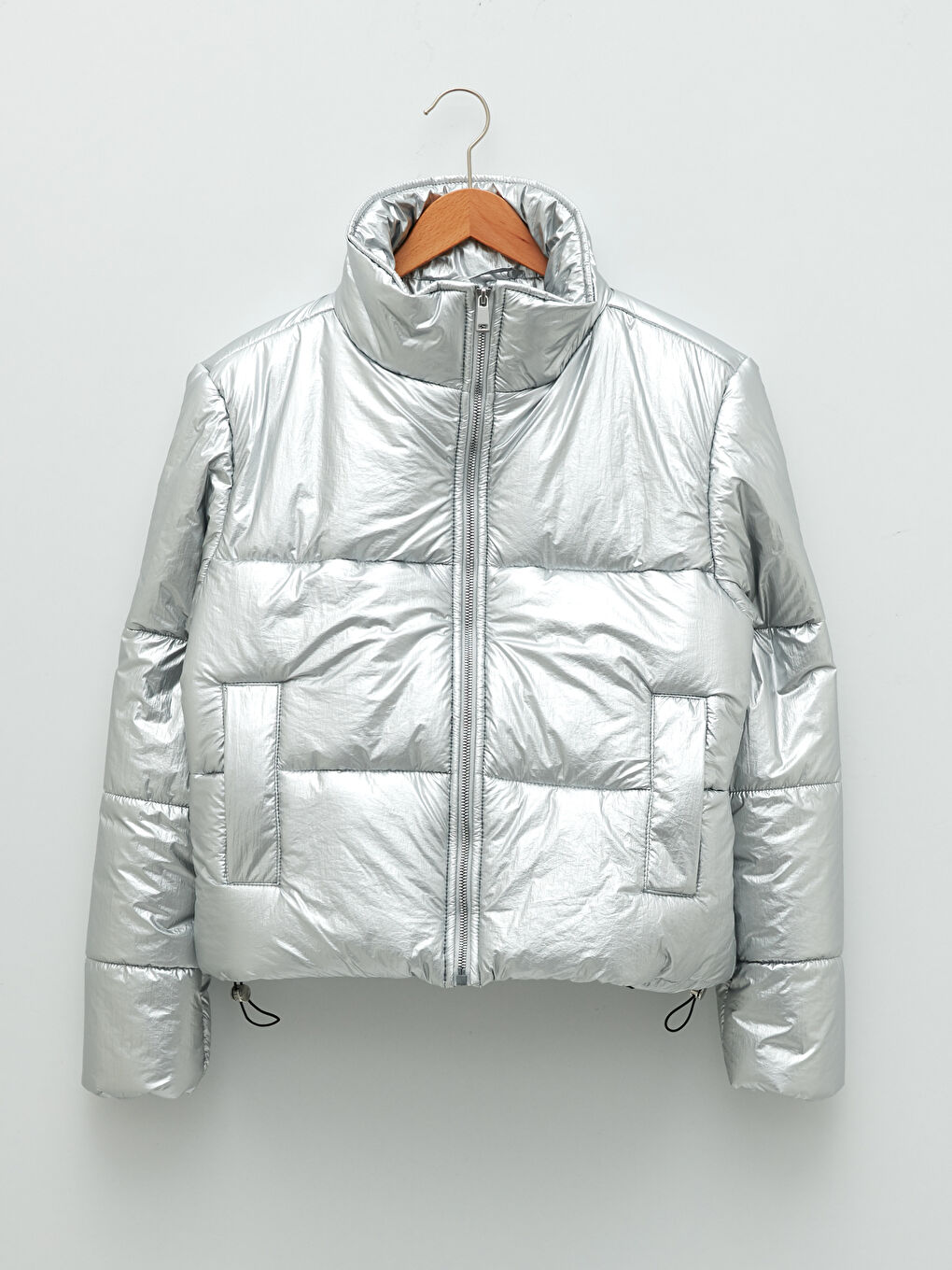 Gri Dik Yaka Düz Cep Detaylı Kadın Şişme Mont-6