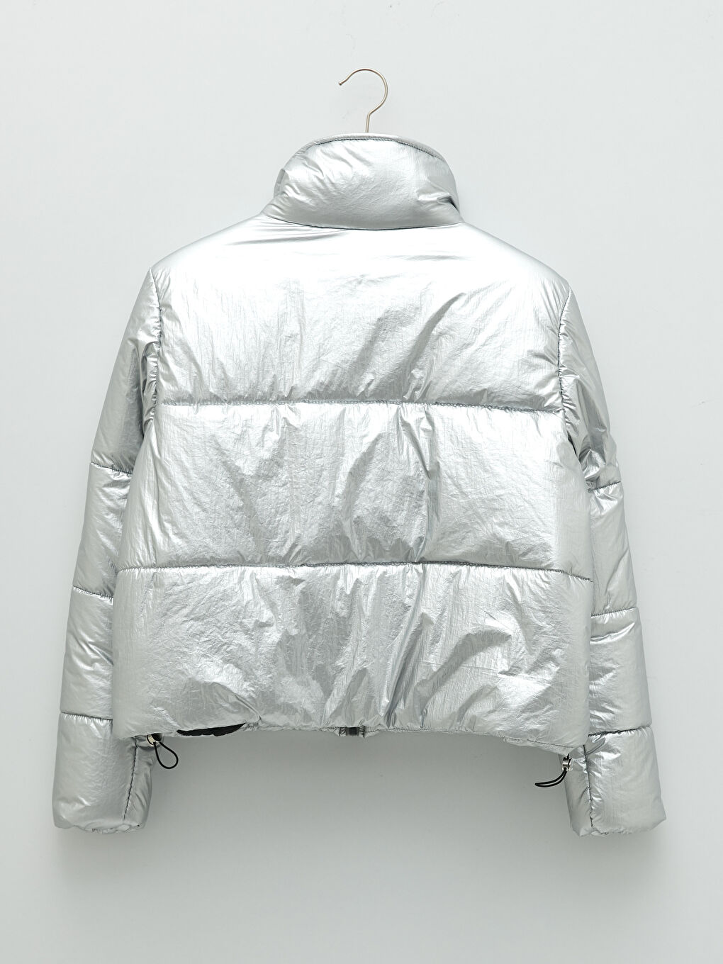 Gri Dik Yaka Düz Cep Detaylı Kadın Şişme Mont-7