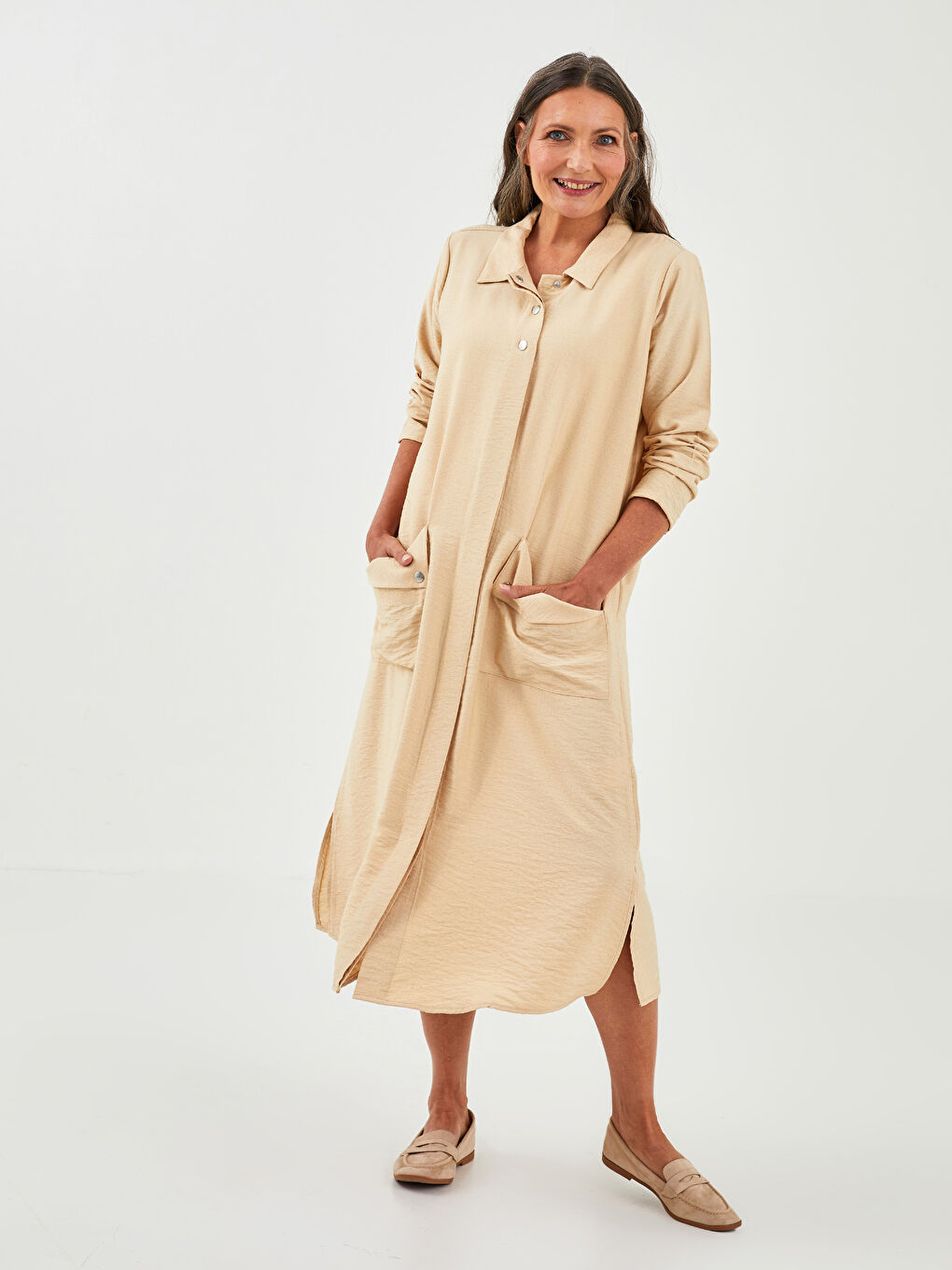 Bej Gömlek Yaka Düz Cep Detaylı Kadın Elbise-1