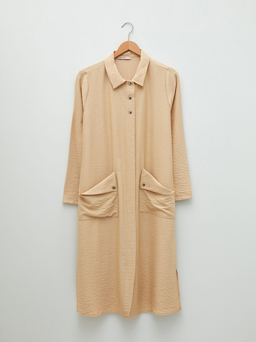 Bej Gömlek Yaka Düz Cep Detaylı Kadın Elbise-5