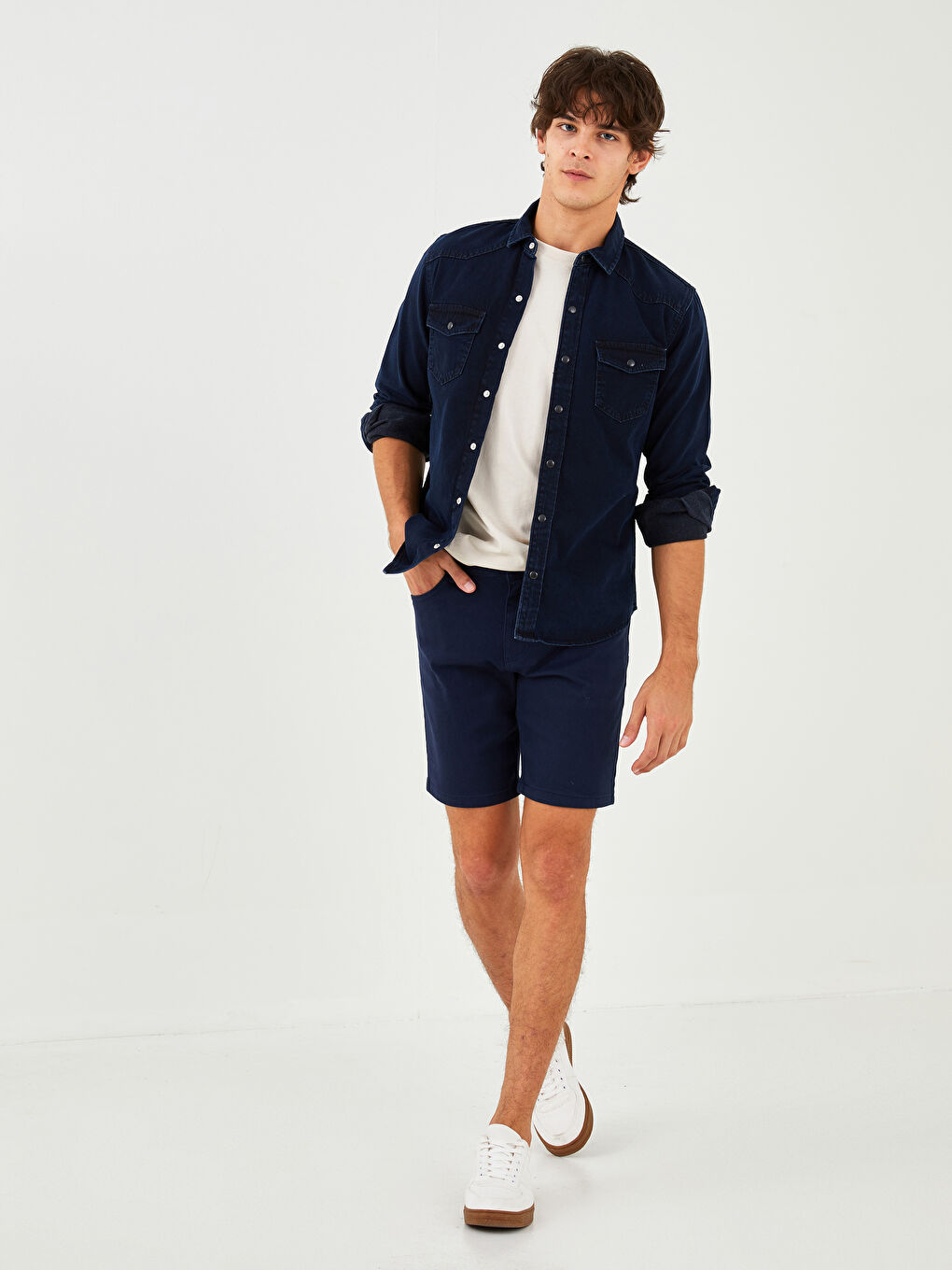 Mavi Rahat Kalıp Uzun Kollu Erkek Jean Gömlek-3