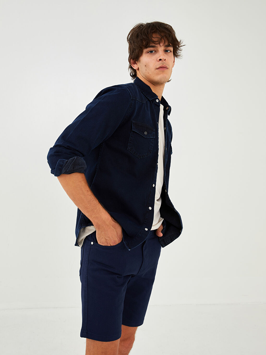 Mavi Rahat Kalıp Uzun Kollu Erkek Jean Gömlek-1