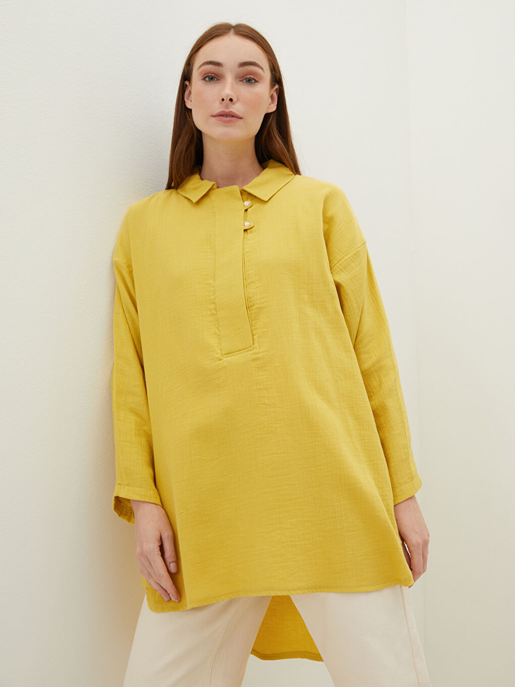 Sarı Düz Uzun Kollu Kadın Gömlek Tunik