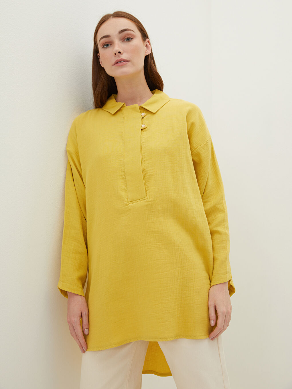 Sarı Düz Uzun Kollu Kadın Gömlek Tunik-1