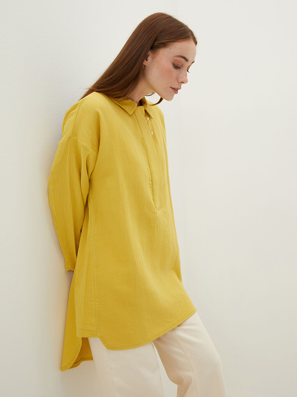 Sarı Düz Uzun Kollu Kadın Gömlek Tunik-2