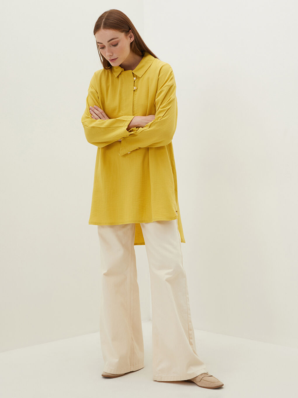 Sarı Düz Uzun Kollu Kadın Gömlek Tunik-3