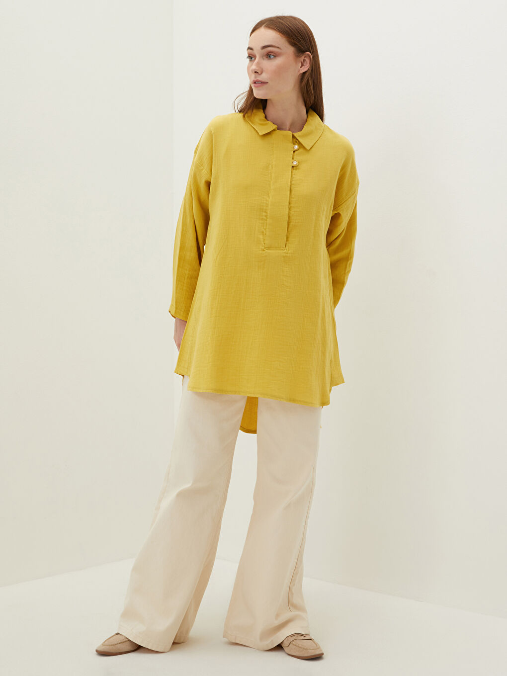 Sarı Düz Uzun Kollu Kadın Gömlek Tunik-4