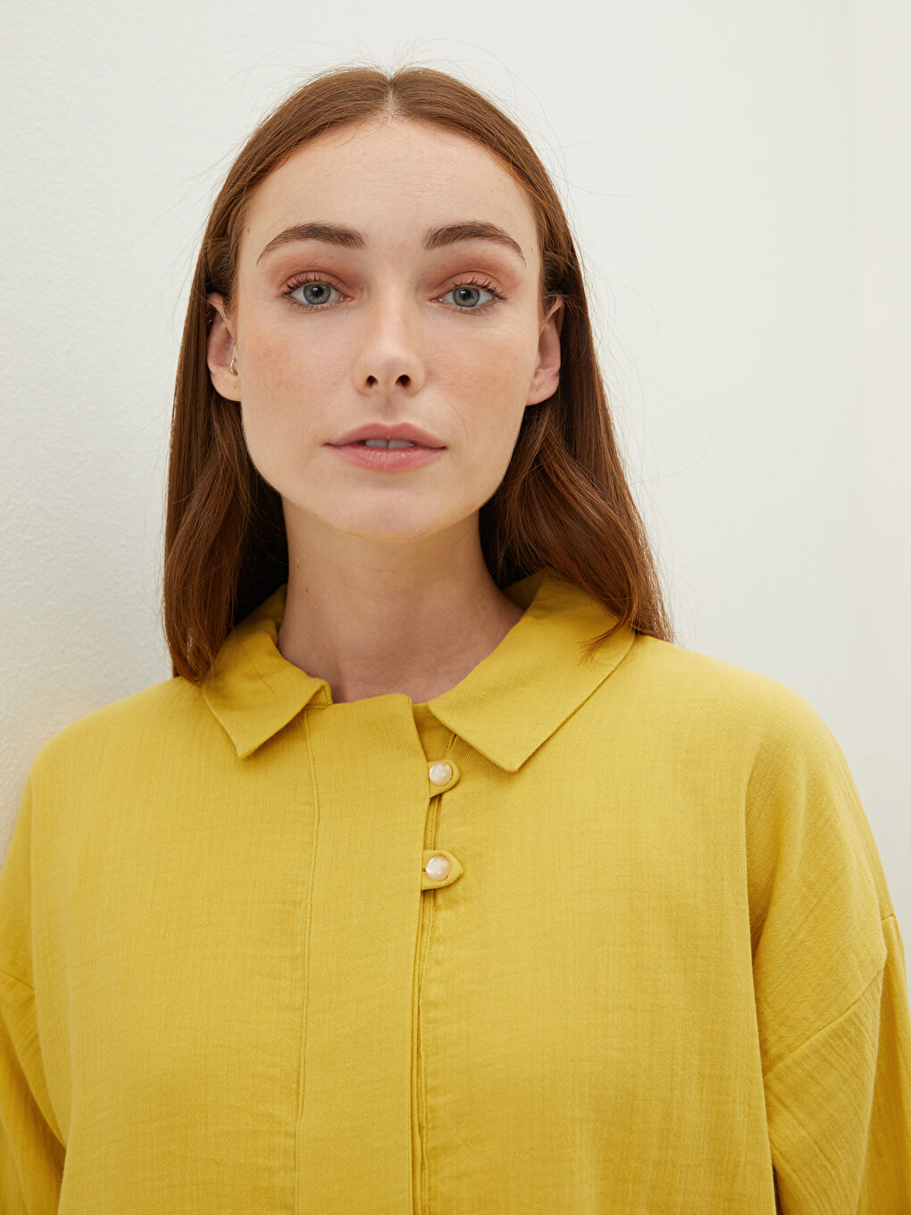 Sarı Düz Uzun Kollu Kadın Gömlek Tunik-5