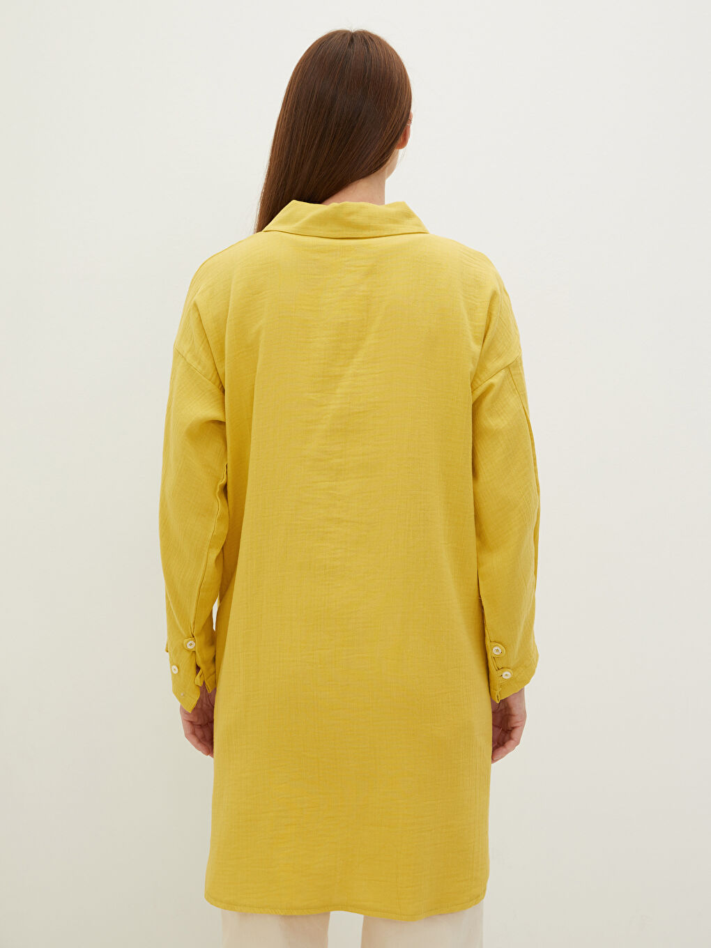 Sarı Düz Uzun Kollu Kadın Gömlek Tunik-6