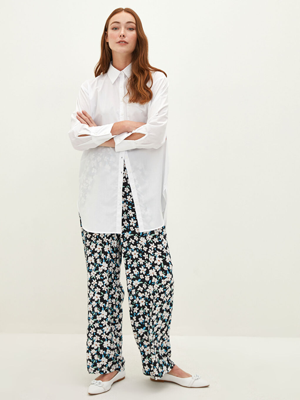 Elastic Waist Floral Wide Fit Viscose Women's Trousers-1