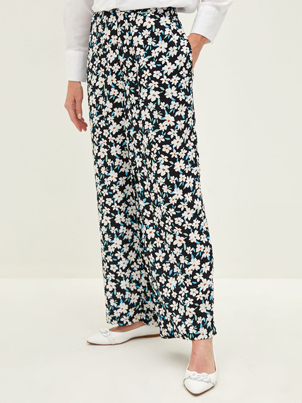 Elastic Waist Floral Wide Fit Viscose Women's Trousers-2