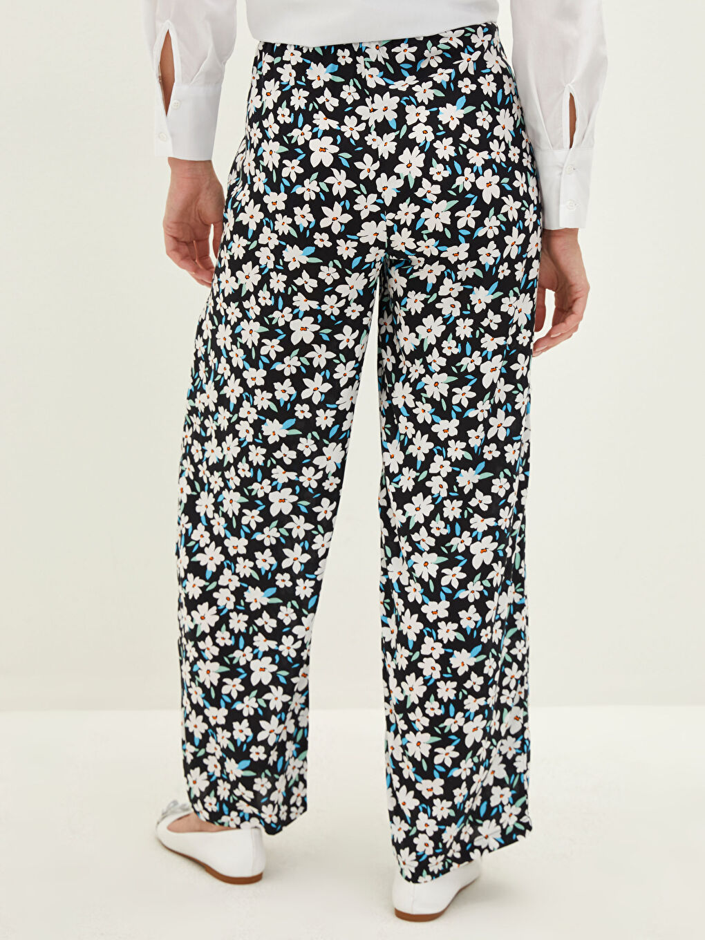 Elastic Waist Floral Wide Fit Viscose Women's Trousers-3