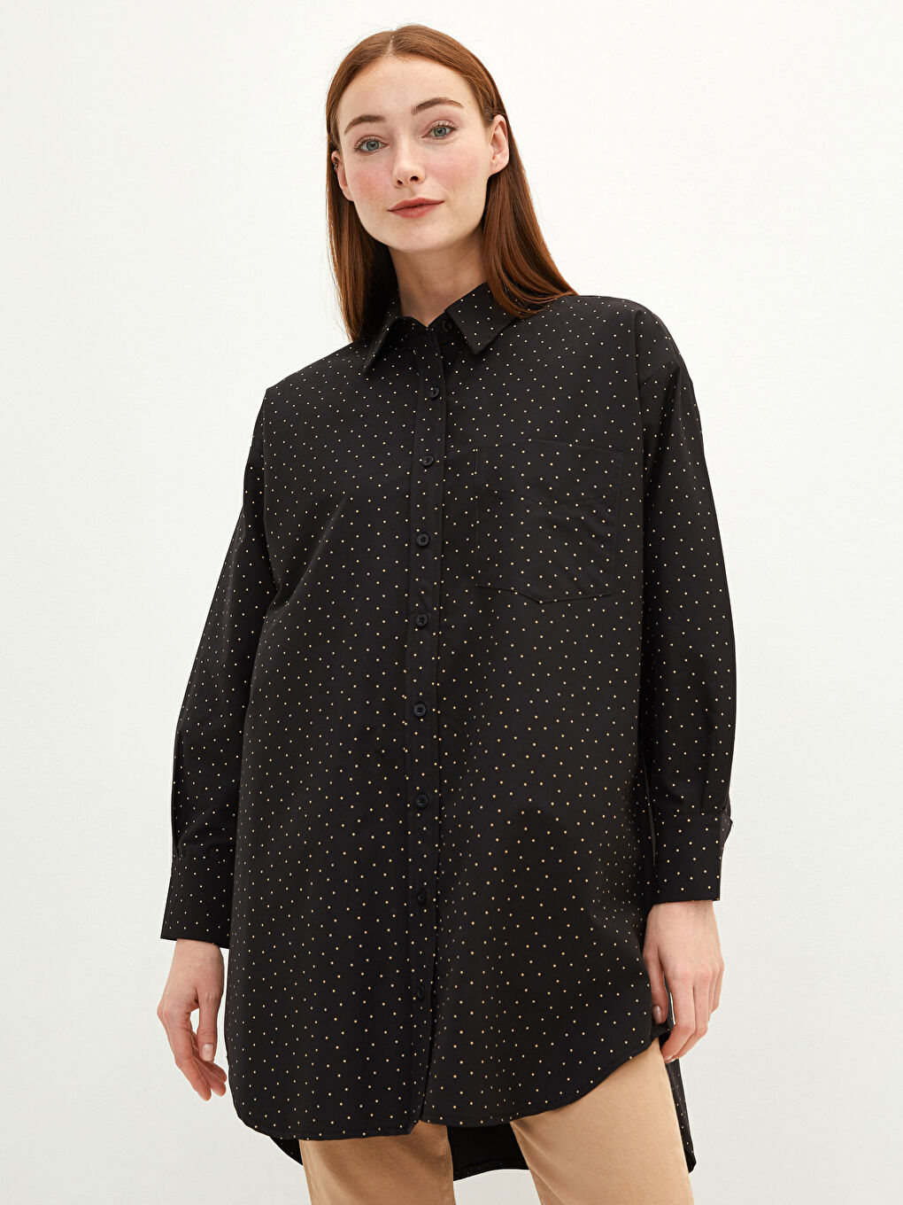 Siyah Puantiyeli Uzun Kollu Poplin Kadın Gömlek Tunik