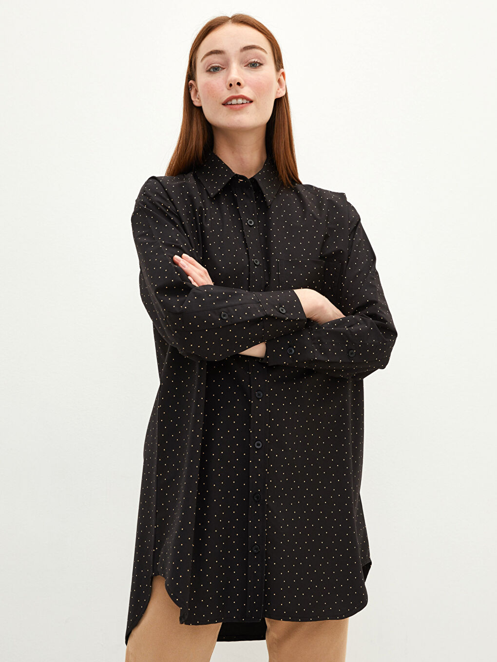 Siyah Puantiyeli Uzun Kollu Poplin Kadın Gömlek Tunik-1