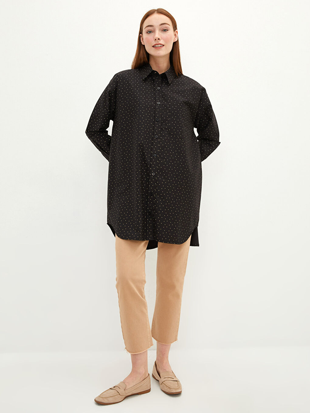 Siyah Puantiyeli Uzun Kollu Poplin Kadın Gömlek Tunik-2