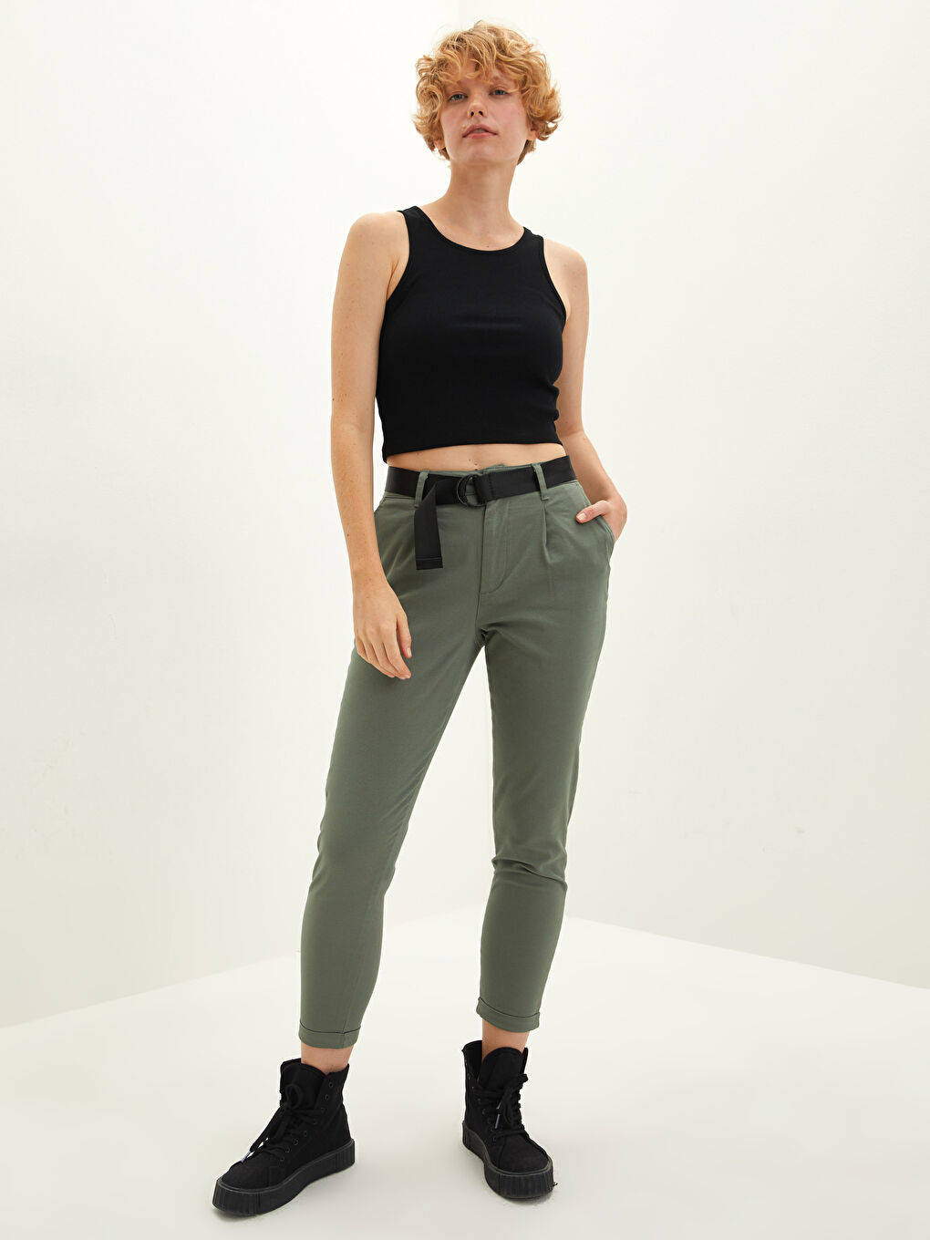 Әйелдерге арналған белдікпен белден байланатын қалтасы бар саржа маталы шалбар-1