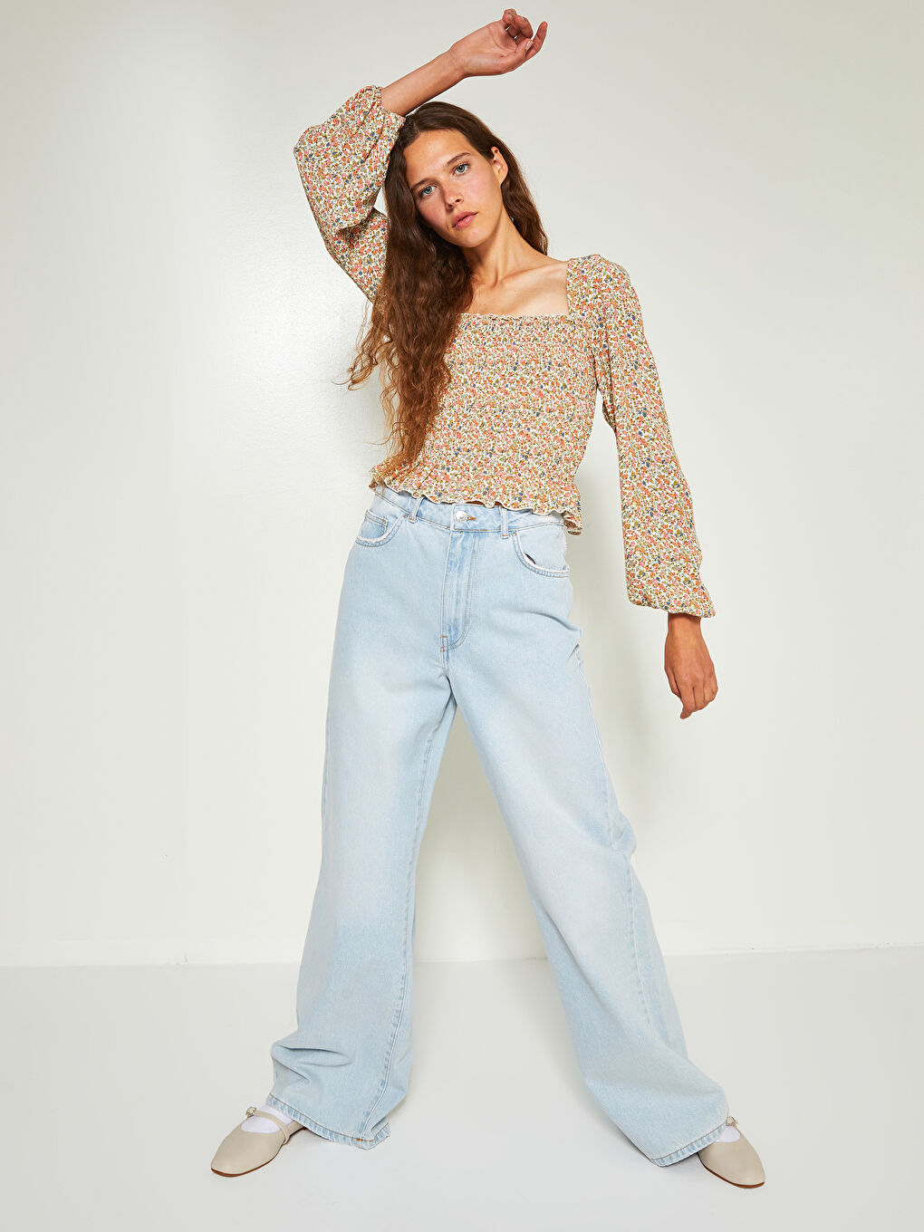 LCW Limited Quadratischer Kragen Bedruckte Langarm Viskose Bluse für Damen -W1HE60Z8-LSR