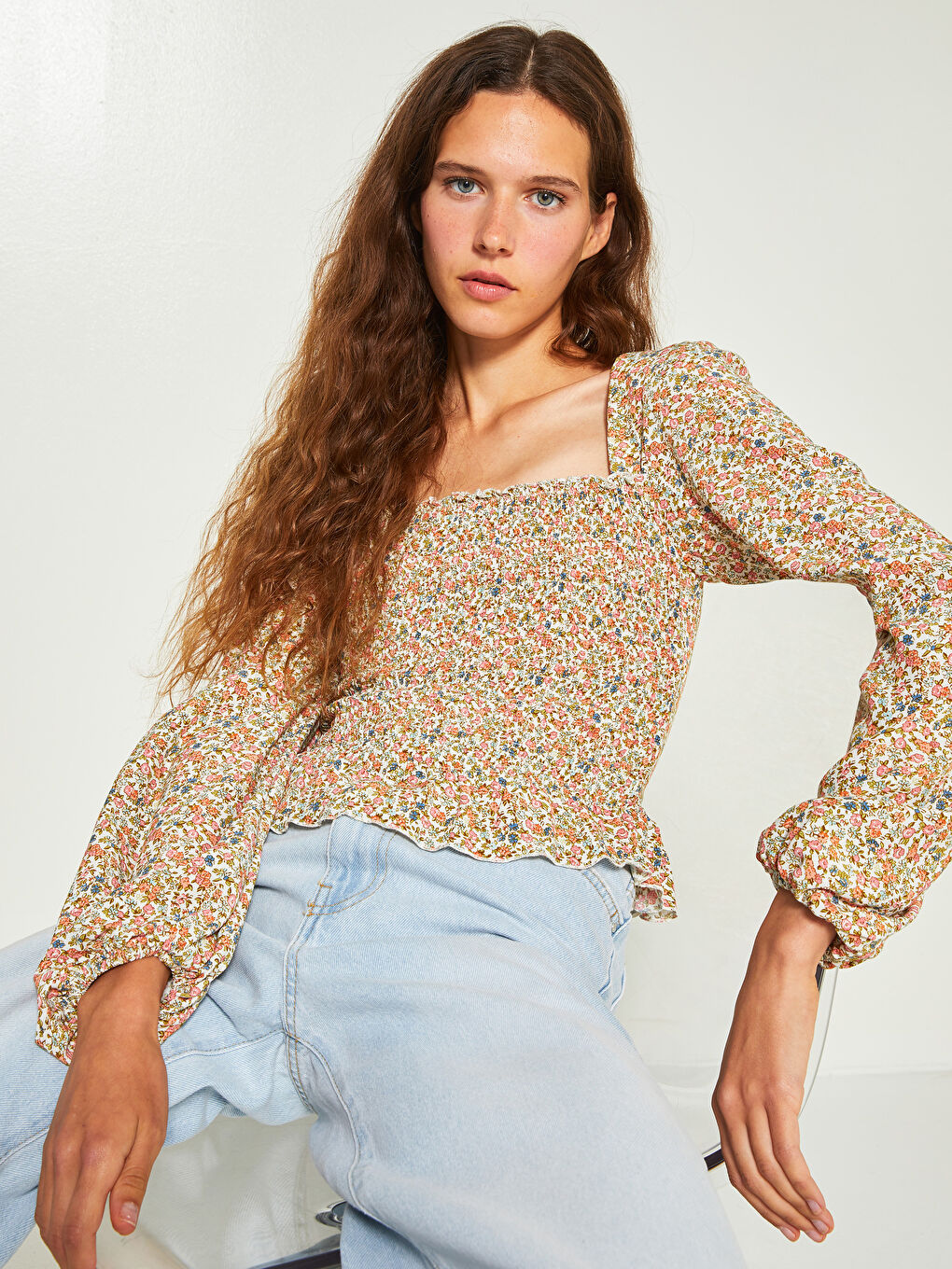 LCW Limited Quadratischer Kragen Bedruckte Langarm Viskose Bluse für Damen -W1HE60Z8-LSR