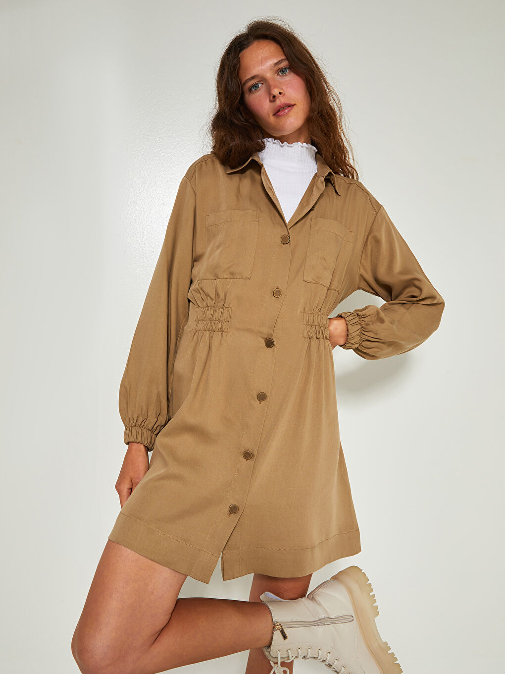 Collared Neck Plain Long Sleeve Women's Dress-2