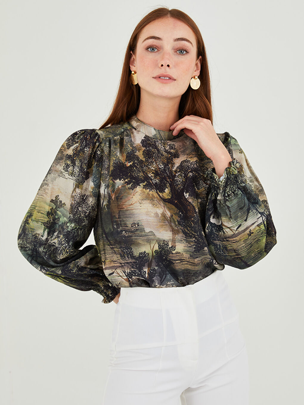 Crew Neck Patterned Long Sleeve Viscose Women's Blouse