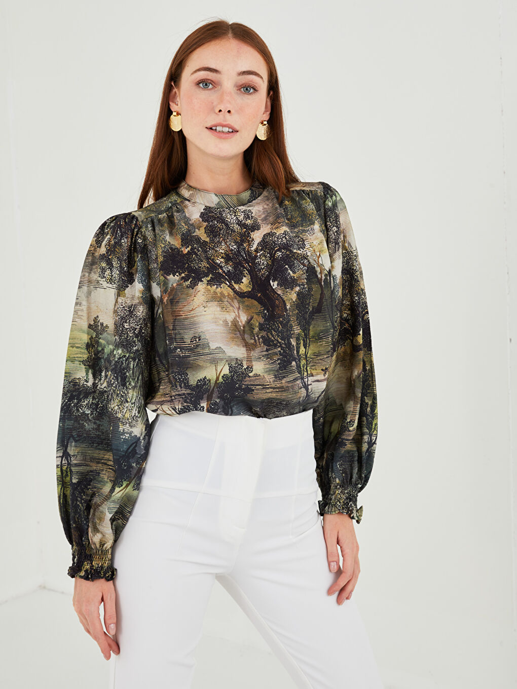 Crew Neck Patterned Long Sleeve Viscose Women's Blouse-1