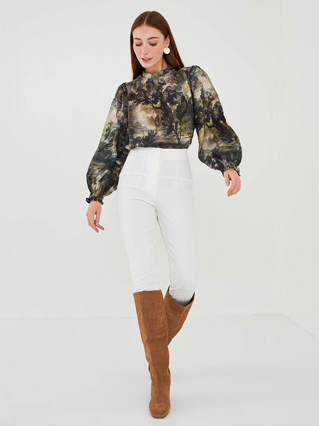 Crew Neck Patterned Long Sleeve Viscose Women's Blouse-2