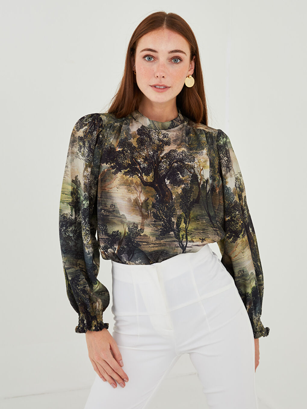 Crew Neck Patterned Long Sleeve Viscose Women's Blouse-3