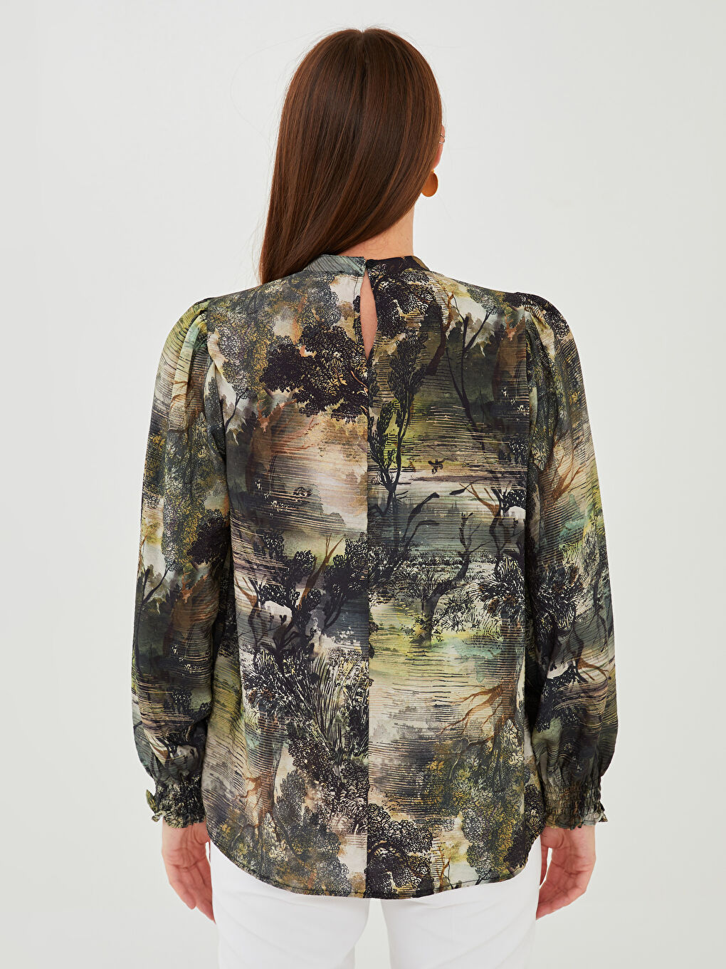 Crew Neck Patterned Long Sleeve Viscose Women's Blouse-4