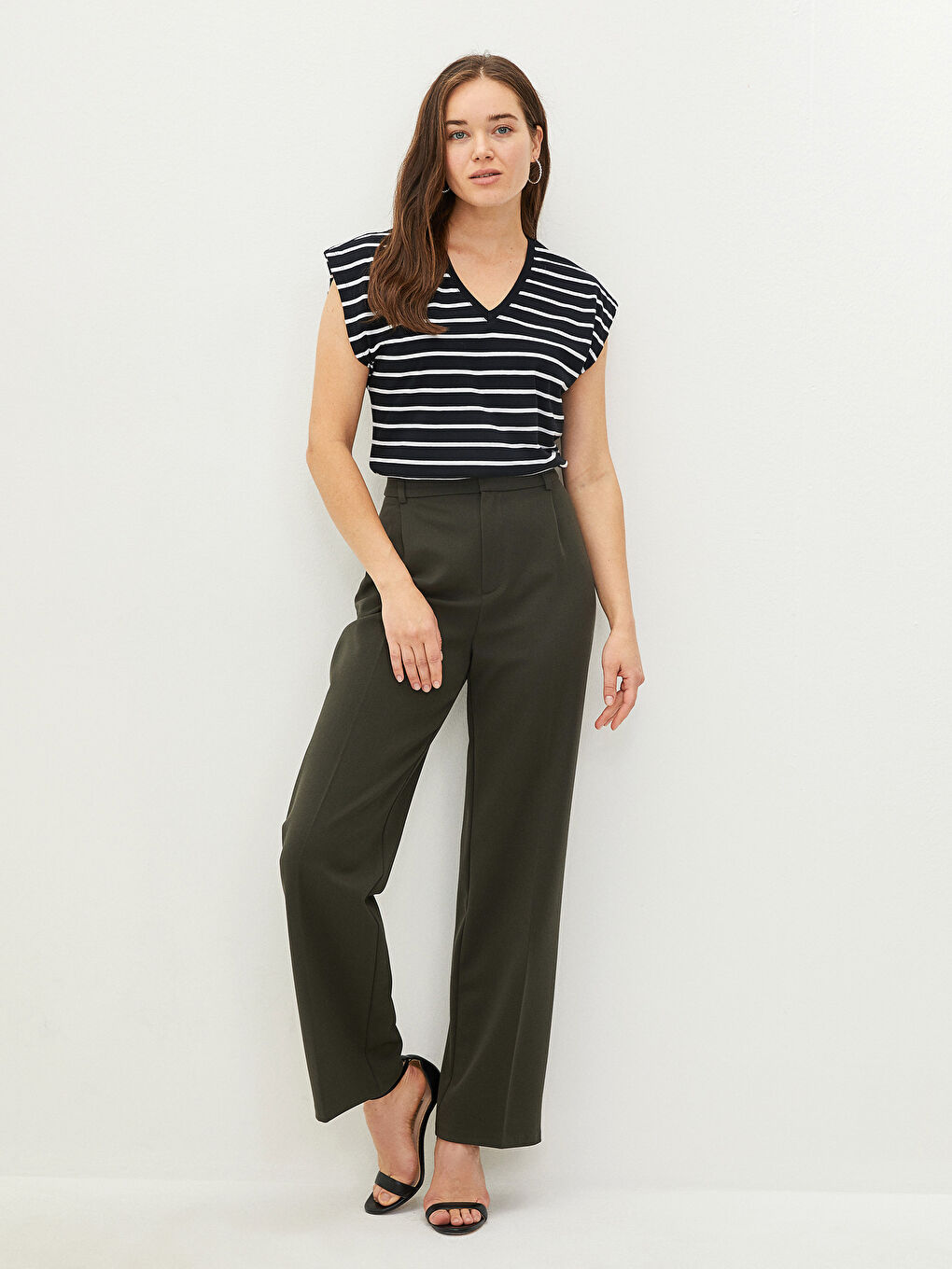 Tricou de Damă cu Mânecă Scurtă, Decolteu în V, Vărgat, din Bumbac-3