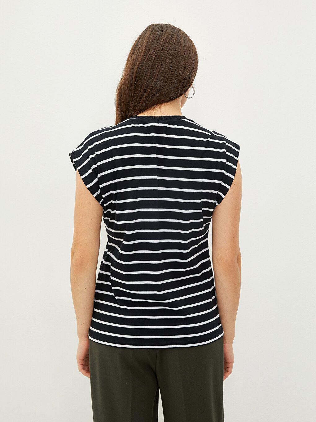 Tricou de Damă cu Mânecă Scurtă, Decolteu în V, Vărgat, din Bumbac-4