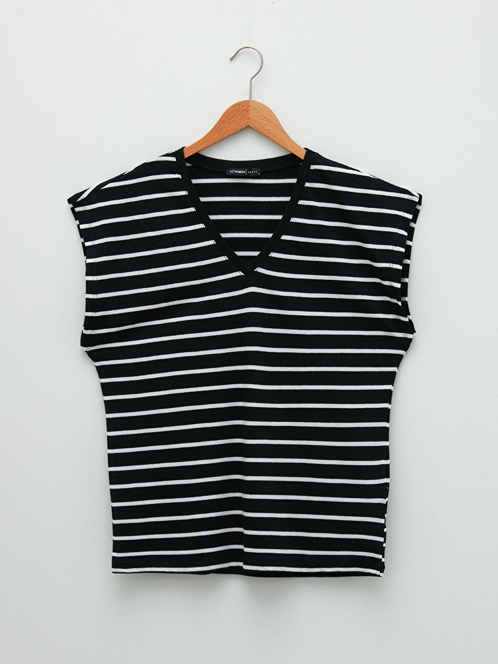 Tricou de Damă cu Mânecă Scurtă, Decolteu în V, Vărgat, din Bumbac-5