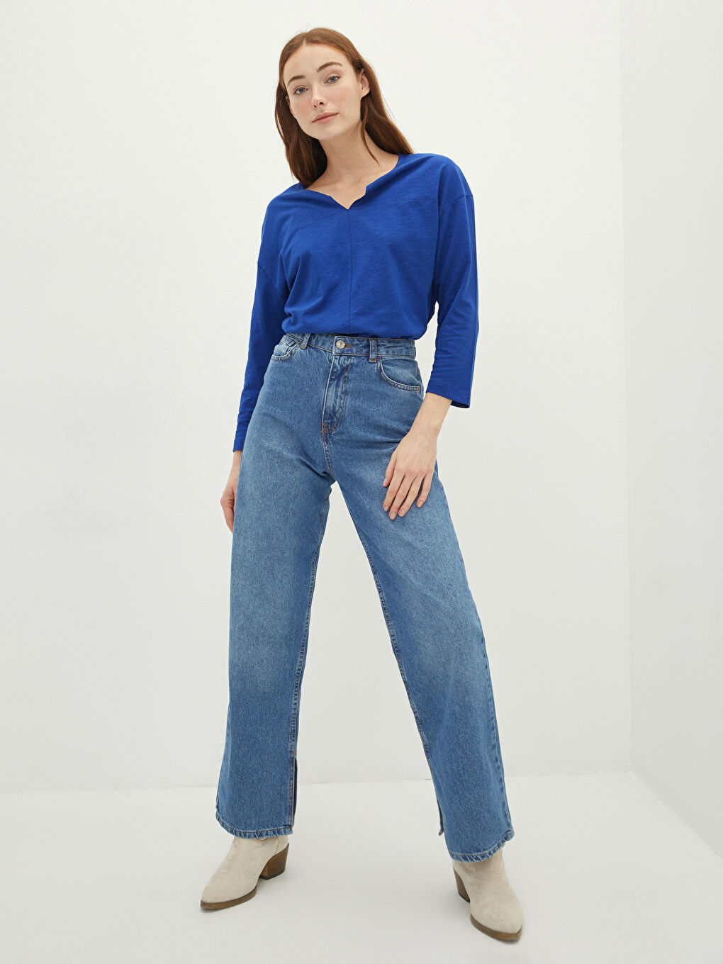 Lacivert Kadın Kaçık Yaka Düz Bluz-2