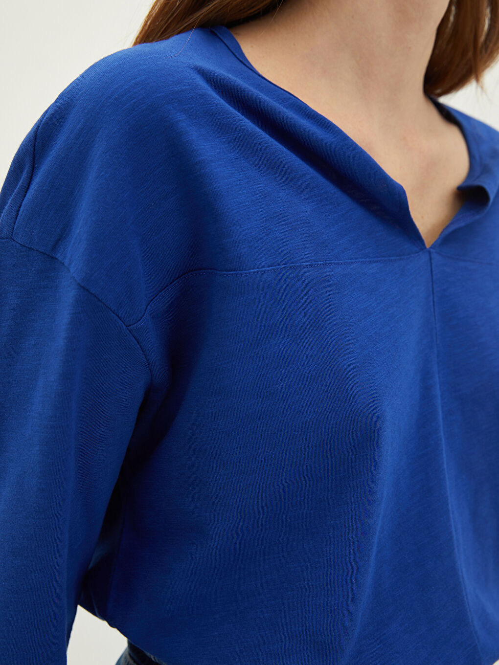 Lacivert Kadın Kaçık Yaka Düz Bluz-3