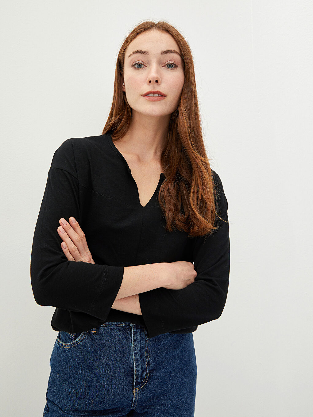 Women's Notch Neck Plain Blouse-1