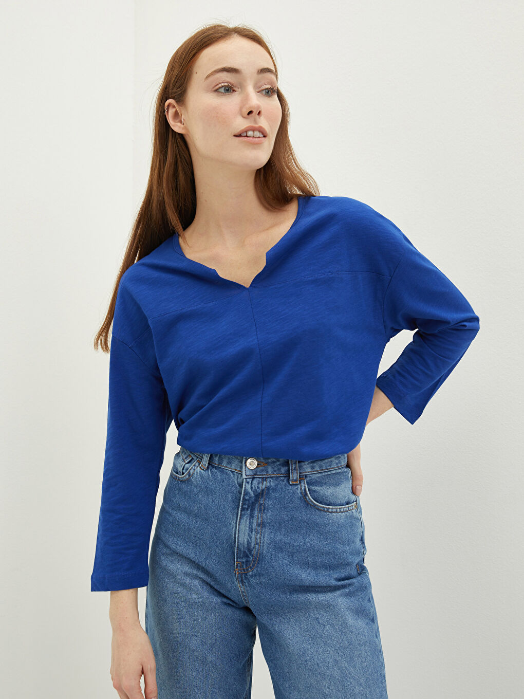 Lacivert Kadın Kaçık Yaka Düz Bluz-1