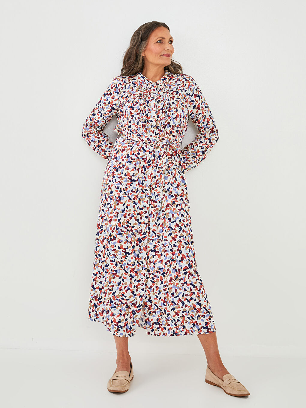 Bej Bisiklet Yaka Desenli Uzun Kollu Belmando Kumaş Kadın Elbise