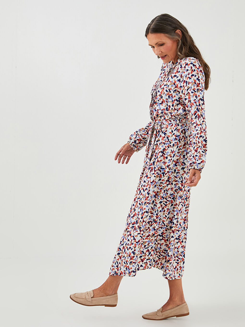 Bej Bisiklet Yaka Desenli Uzun Kollu Belmando Kumaş Kadın Elbise-1