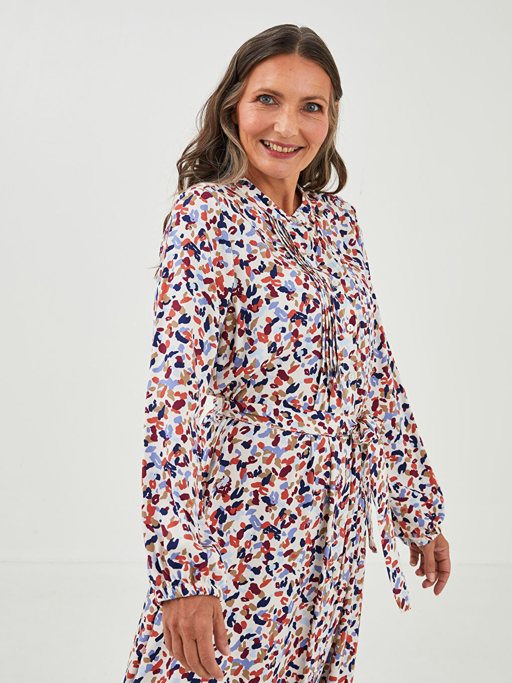 Bej Bisiklet Yaka Desenli Uzun Kollu Belmando Kumaş Kadın Elbise-2