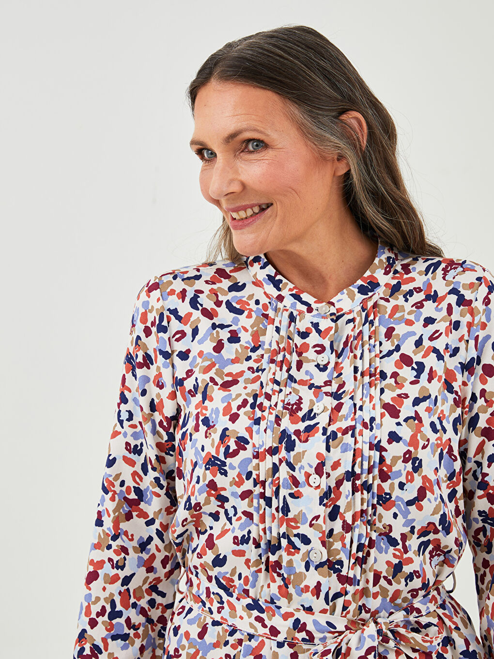 Bej Bisiklet Yaka Desenli Uzun Kollu Belmando Kumaş Kadın Elbise-3