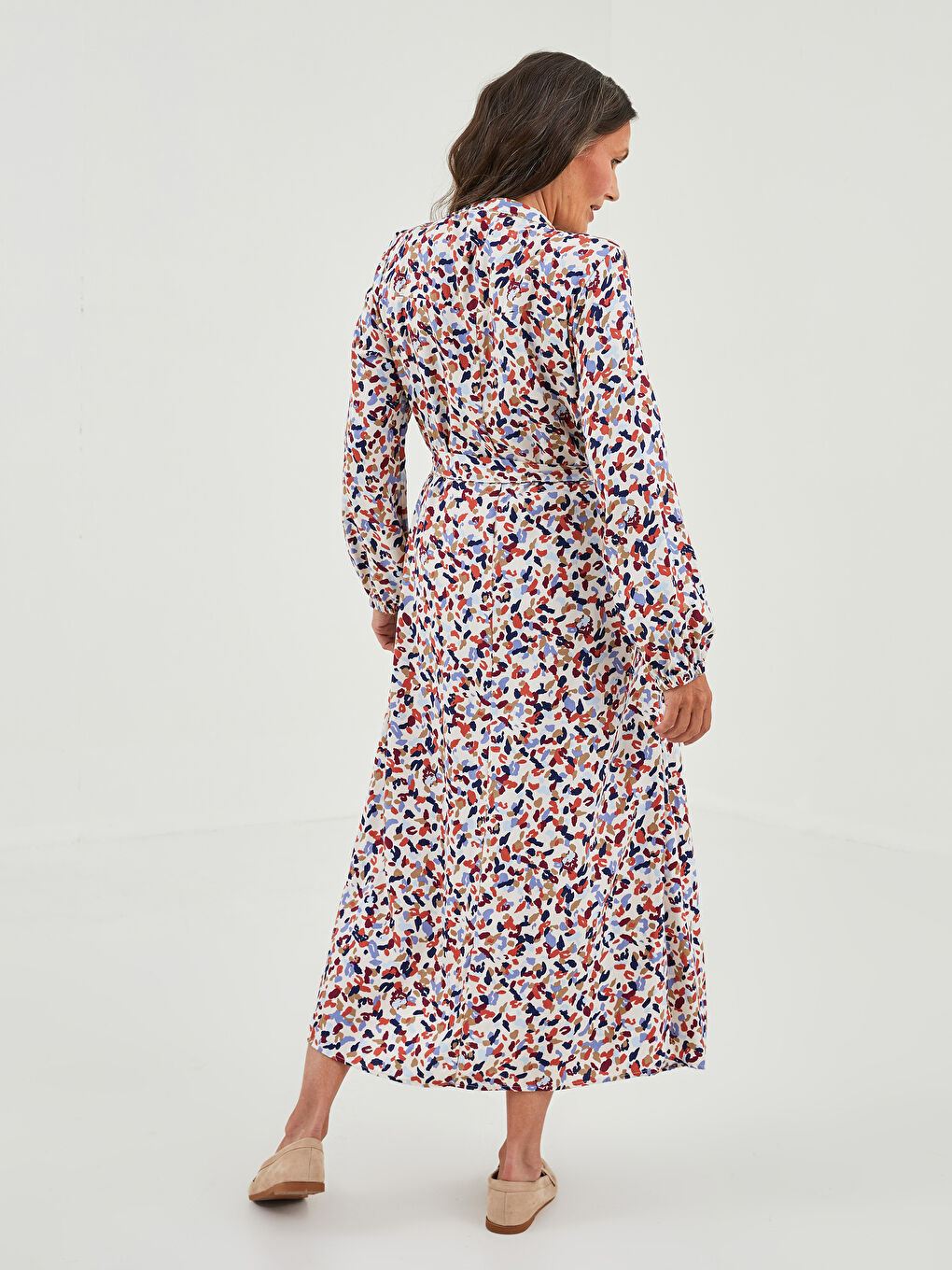 Bej Bisiklet Yaka Desenli Uzun Kollu Belmando Kumaş Kadın Elbise-4