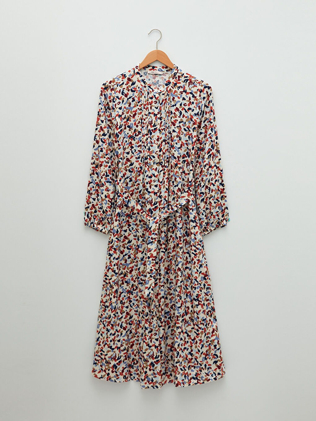 Bej Bisiklet Yaka Desenli Uzun Kollu Belmando Kumaş Kadın Elbise-5