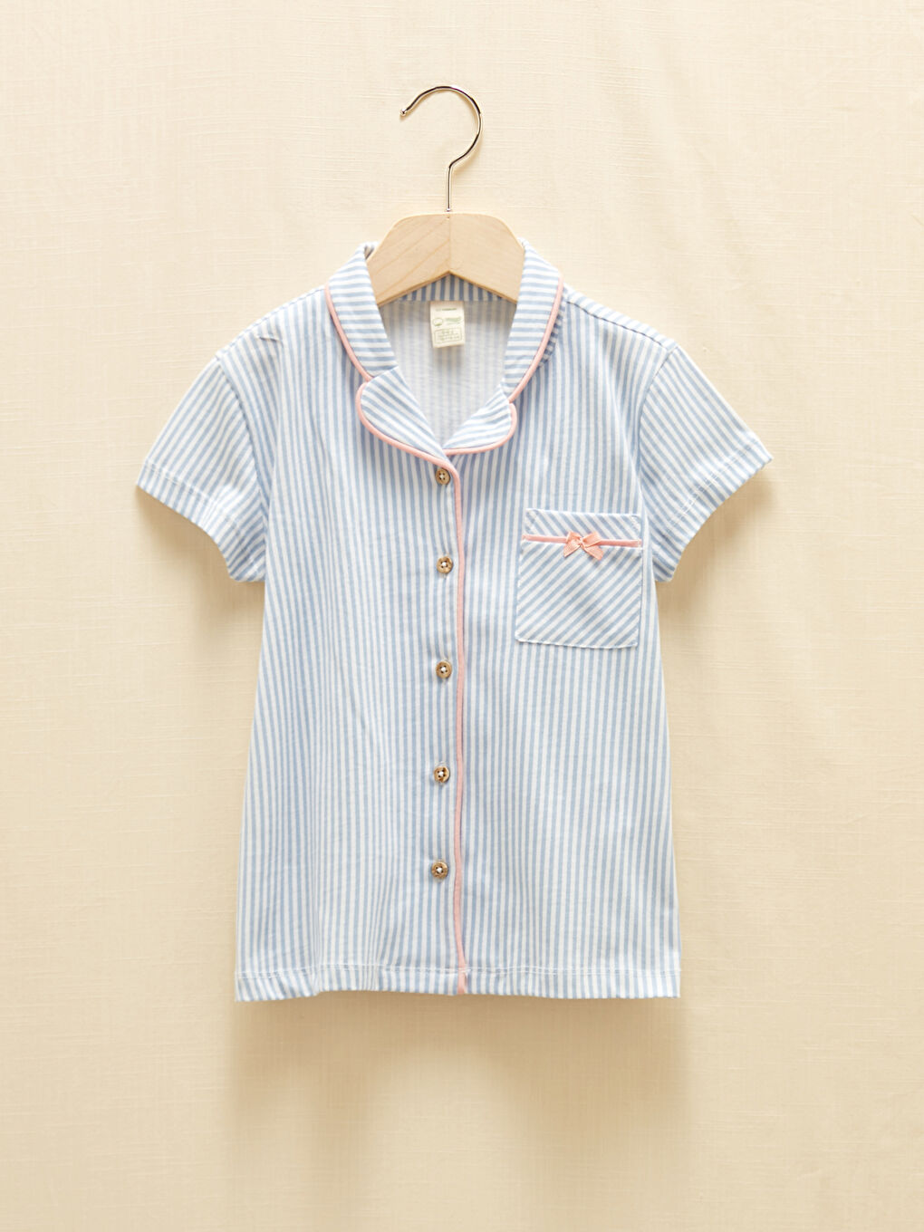 Ekru Gömlek Yaka Çizgili Kısa Kollu Pamuklu Kız Çocuk Pijama Takımı-1