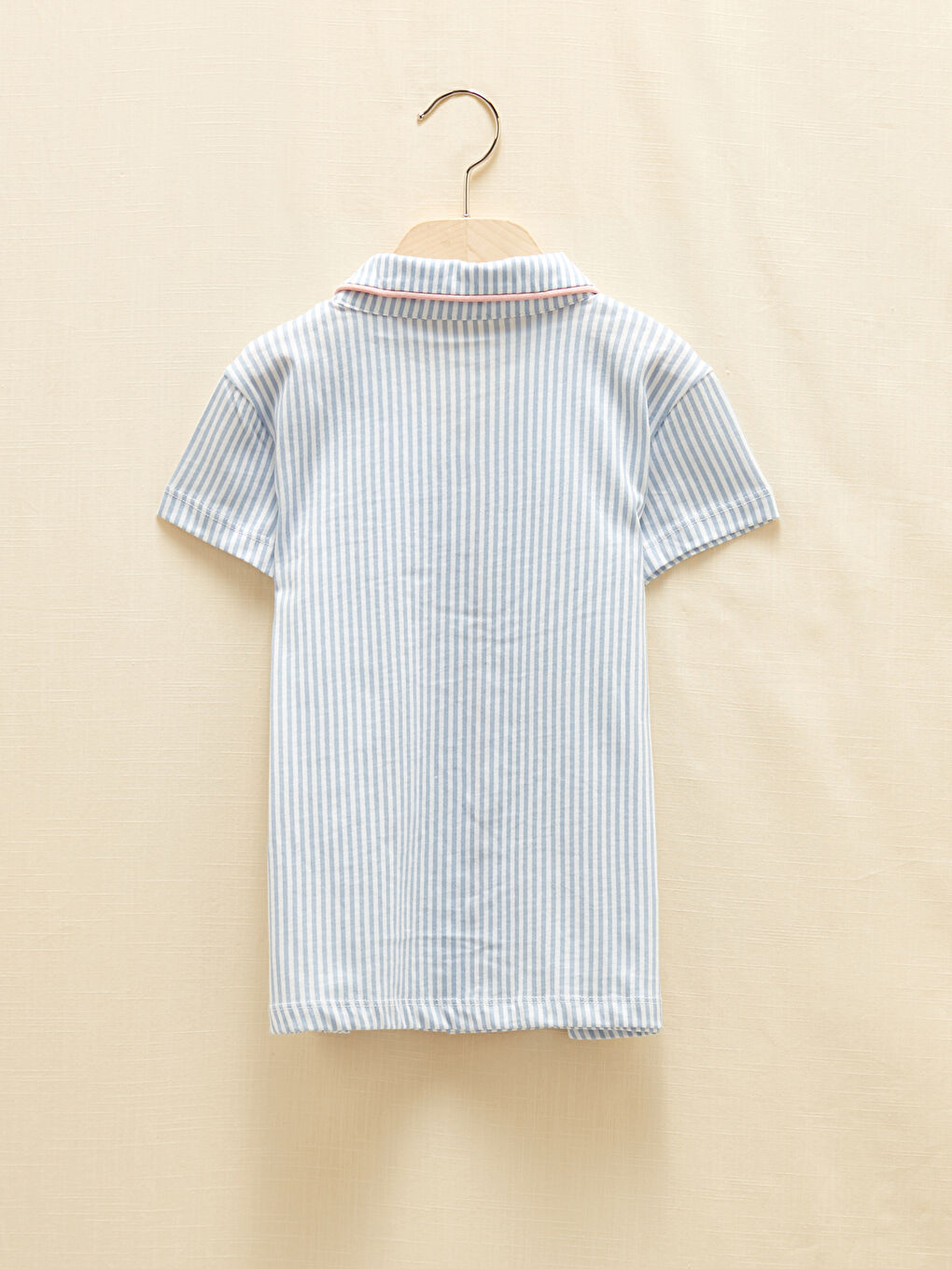 Ekru Gömlek Yaka Çizgili Kısa Kollu Pamuklu Kız Çocuk Pijama Takımı-3