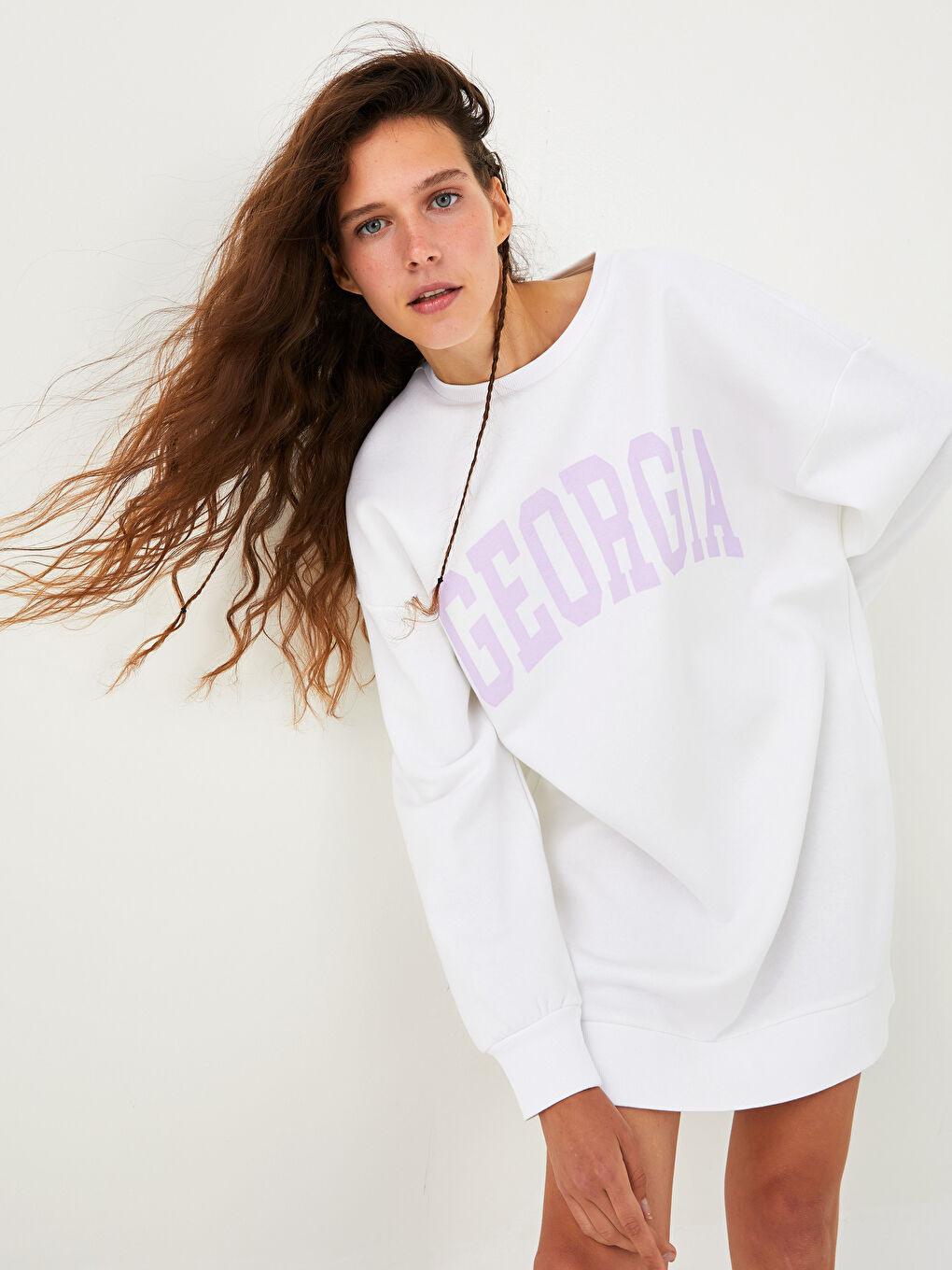Crew Neck Slogan Printed Long Sleeve Women's Dress